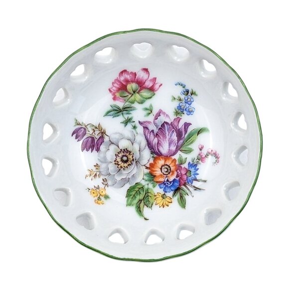 Reutter Small Porcelain Dish Reticulated Hearts Floral White Green Trim - Picture 1 of 14